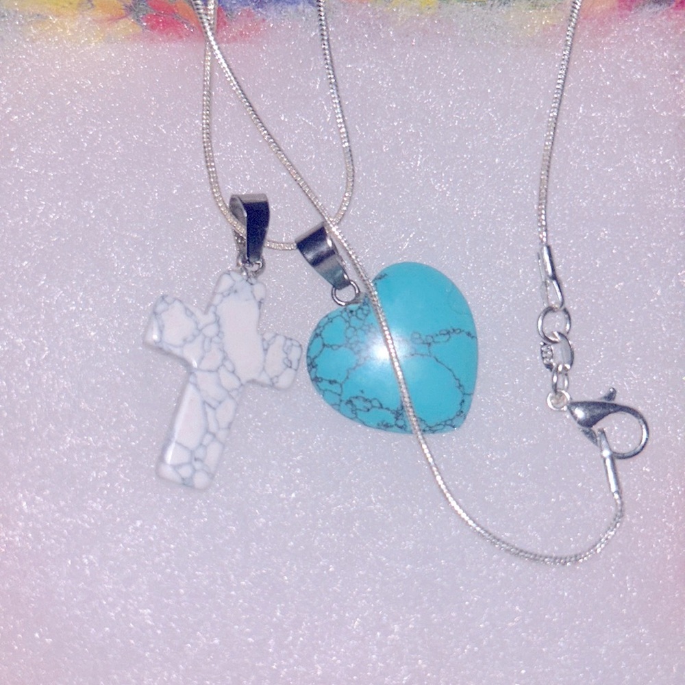 Boho hippie Howlite Crystal Cross & Turquoise heart Sterling Silver 16” N…